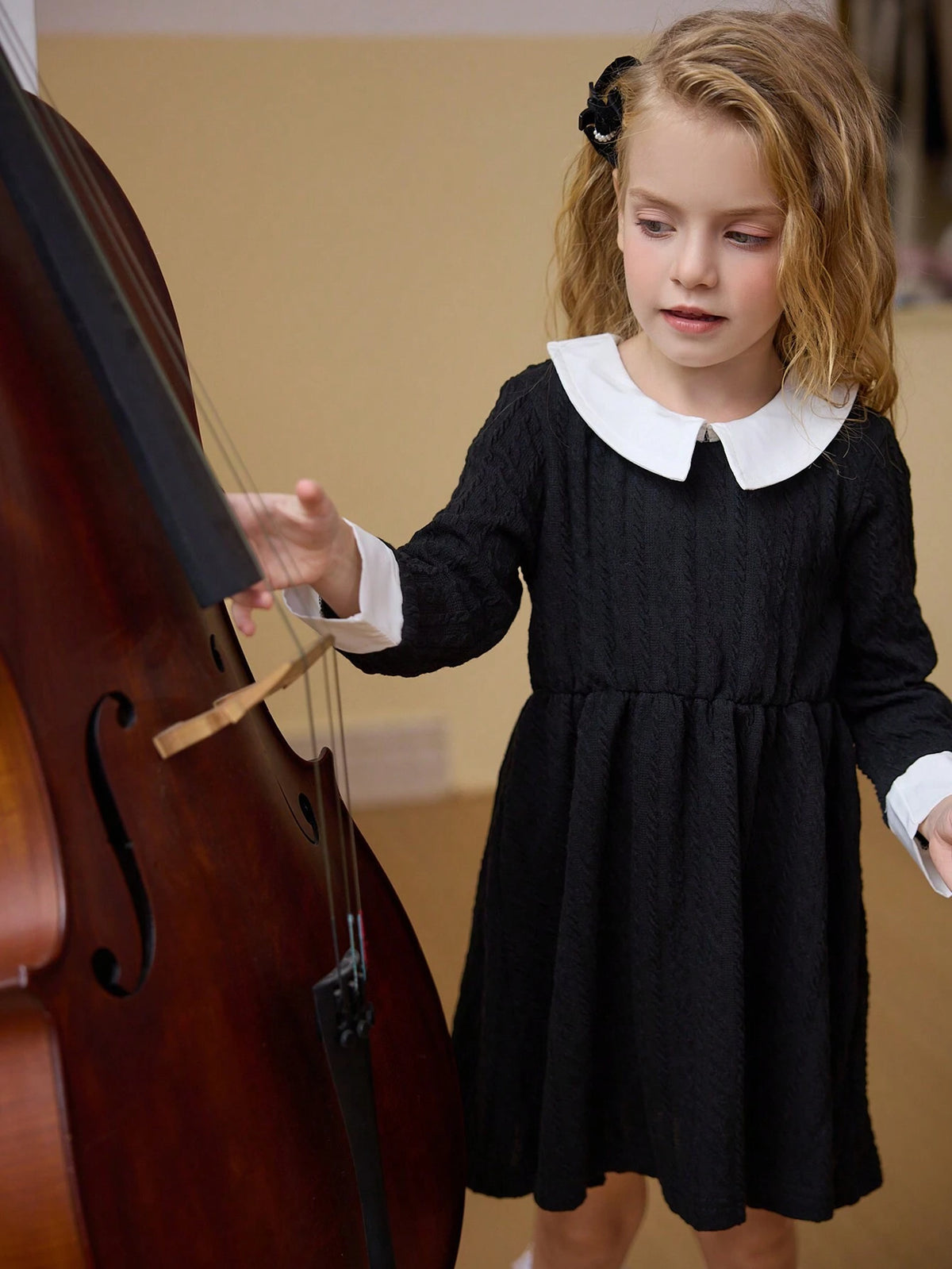 irls Elegant Lady Collared Long Sleeve Textured Fabric Waisted A-Line Colorblock Winter Dress With Crossbody Bag