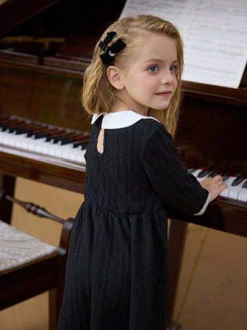 irls Elegant Lady Collared Long Sleeve Textured Fabric Waisted A-Line Colorblock Winter Dress With Crossbody Bag