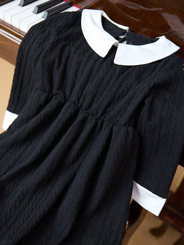 irls Elegant Lady Collared Long Sleeve Textured Fabric Waisted A-Line Colorblock Winter Dress With Crossbody Bag