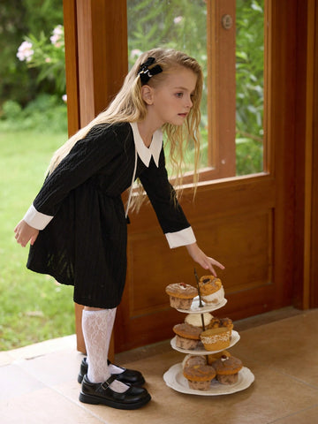 irls Elegant Lady Collared Long Sleeve Textured Fabric Waisted A-Line Colorblock Winter Dress With Crossbody Bag