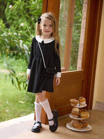 irls Elegant Lady Collared Long Sleeve Textured Fabric Waisted A-Line Colorblock Winter Dress With Crossbody Bag