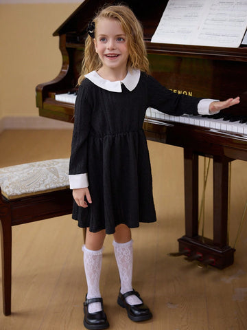 irls Elegant Lady Collared Long Sleeve Textured Fabric Waisted A-Line Colorblock Winter Dress With Crossbody Bag