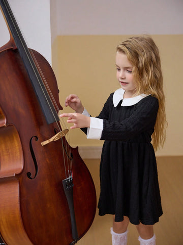 irls Elegant Lady Collared Long Sleeve Textured Fabric Waisted A-Line Colorblock Winter Dress With Crossbody Bag