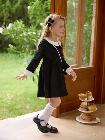 irls Elegant Lady Collared Long Sleeve Textured Fabric Waisted A-Line Colorblock Winter Dress With Crossbody Bag