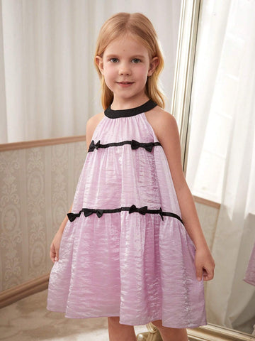 Girls' Elegant Pink Top Black Collar With Black Bowknot A-Line Dress, Summer