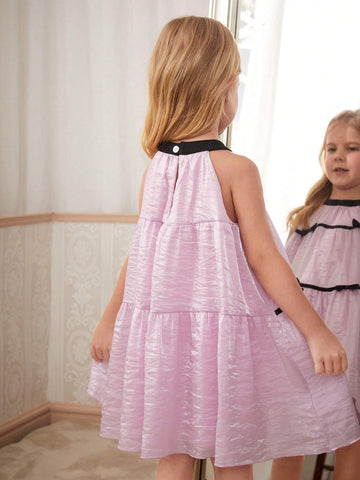 Girls' Elegant Pink Top Black Collar With Black Bowknot A-Line Dress, Summer