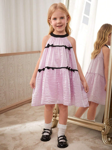 Girls' Elegant Pink Top Black Collar With Black Bowknot A-Line Dress, Summer