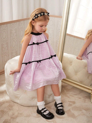 Girls' Elegant Pink Top Black Collar With Black Bowknot A-Line Dress, Summer