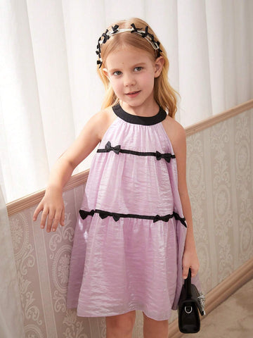 Girls' Elegant Pink Top Black Collar With Black Bowknot A-Line Dress, Summer