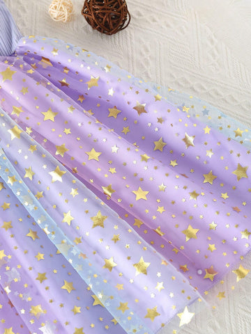Girls' Elegant Round Neck Cap Sleeve Waisted Colorful Star Print Dress