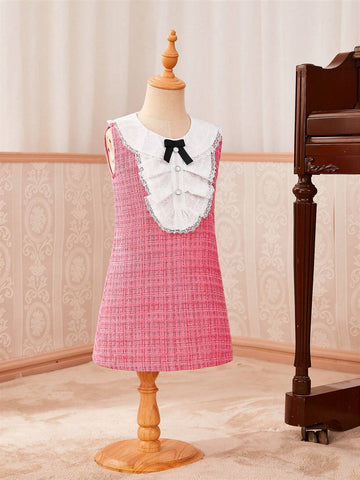 Girls' Elegant Sleeveless Thick Lace & Woolen A-Line Dress, Summer
