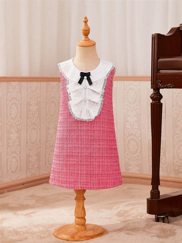 Girls' Elegant Sleeveless Thick Lace & Woolen A-Line Dress, Summer