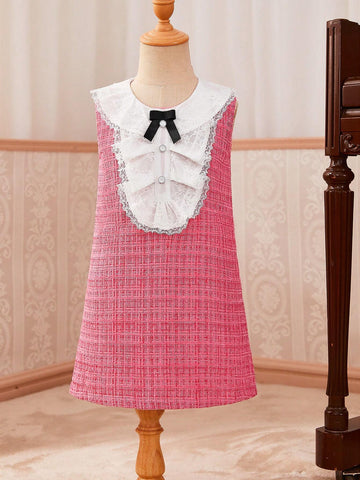 Girls' Elegant Sleeveless Thick Lace & Woolen A-Line Dress, Summer
