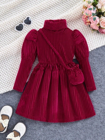 Girls Elegant Turtleneck Gigot Sleeve Ruched A-Line Ribbed Velvet Dress For Festive Party & Night Out, Luxury Princess Style With Crossbody Bag