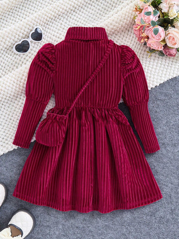 Girls Elegant Turtleneck Gigot Sleeve Ruched A-Line Ribbed Velvet Dress For Festive Party & Night Out, Luxury Princess Style With Crossbody Bag