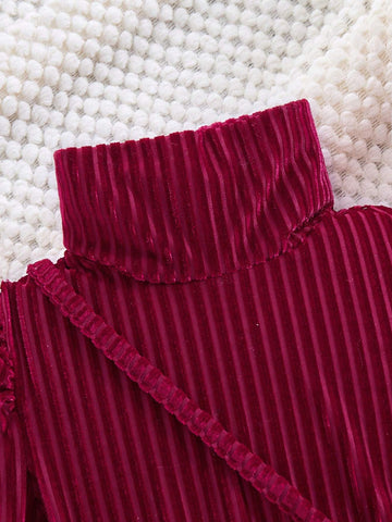 Girls Elegant Turtleneck Gigot Sleeve Ruched A-Line Ribbed Velvet Dress For Festive Party & Night Out, Luxury Princess Style With Crossbody Bag