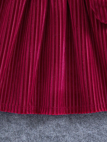 Girls Elegant Turtleneck Gigot Sleeve Ruched A-Line Ribbed Velvet Dress For Festive Party & Night Out, Luxury Princess Style With Crossbody Bag