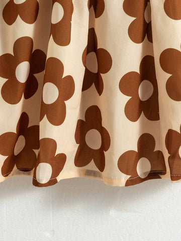 Girls Elegant Vacation Korean Style Countryside Casual Ladylike Bow Collar Long Sleeve A-Line Brown Floral Print Dress, Suitable For Autumn, Winter, Picnics, And Daily Outings