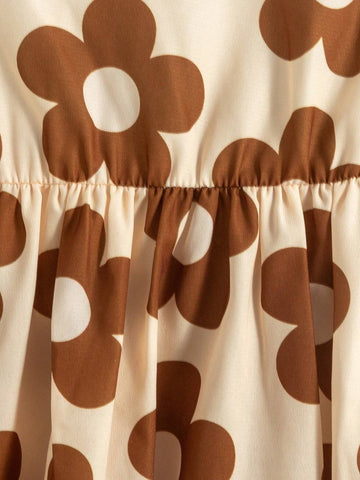 Girls Elegant Vacation Korean Style Countryside Casual Ladylike Bow Collar Long Sleeve A-Line Brown Floral Print Dress, Suitable For Autumn, Winter, Picnics, And Daily Outings