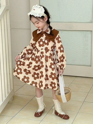 Girls Elegant Vacation Korean Style Countryside Casual Ladylike Bow Collar Long Sleeve A-Line Brown Floral Print Dress, Suitable For Autumn, Winter, Picnics, And Daily Outings