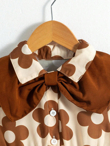 Girls Elegant Vacation Korean Style Countryside Casual Ladylike Bow Collar Long Sleeve A-Line Brown Floral Print Dress, Suitable For Autumn, Winter, Picnics, And Daily Outings