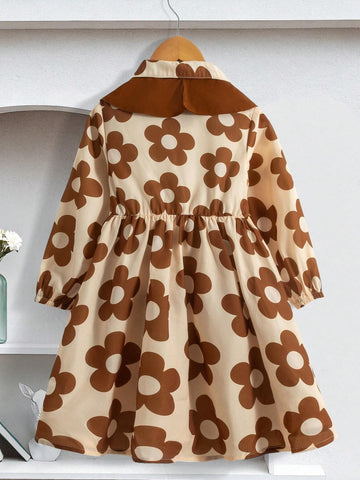 Girls Elegant Vacation Korean Style Countryside Casual Ladylike Bow Collar Long Sleeve A-Line Brown Floral Print Dress, Suitable For Autumn, Winter, Picnics, And Daily Outings