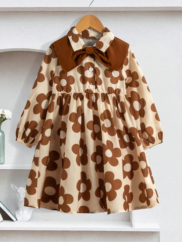 Girls Elegant Vacation Korean Style Countryside Casual Ladylike Bow Collar Long Sleeve A-Line Brown Floral Print Dress, Suitable For Autumn, Winter, Picnics, And Daily Outings