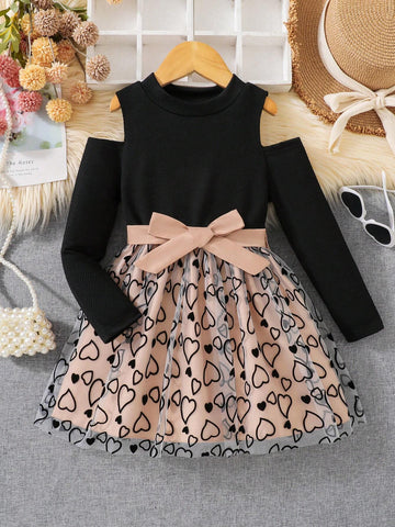 Girls Embroidered Floral Mesh Patchwork Crew Neck Dress, Suitable For Elegant Style In Autumn And Winter