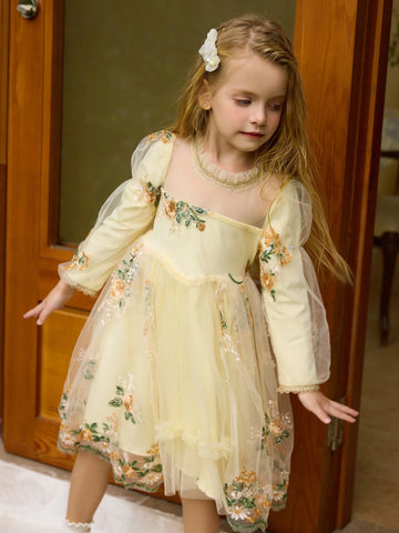 Girls Fashion Elegant Floral Embroidery Lace Long Sleeve Dress, Suitable For Everyday Wear, Holiday, Party, Gift, Autumn