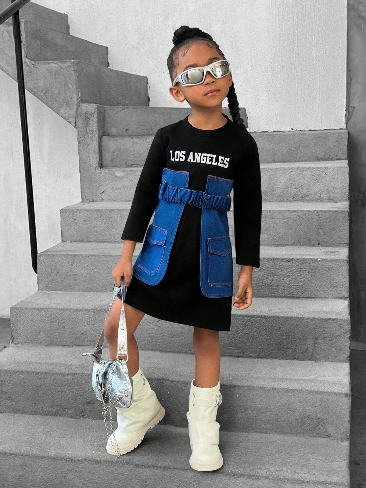 Girls Fashion Long Dress With T-Shirt Splice, Trendy Streetwear Style, Spring & Autumn