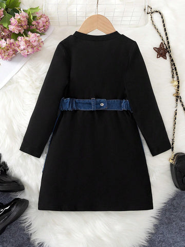 Girls Fashion Long Dress With T-Shirt Splice, Trendy Streetwear Style, Spring & Autumn