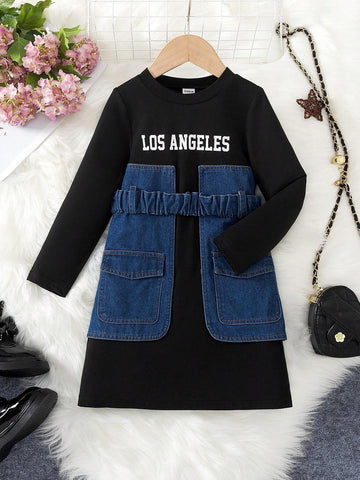 Girls Fashion Long Dress With T-Shirt Splice, Trendy Streetwear Style, Spring & Autumn