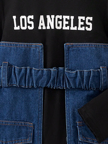 Girls Fashion Long Dress With T-Shirt Splice, Trendy Streetwear Style, Spring & Autumn