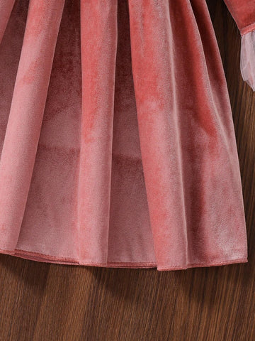 Girls Fashionable Casual Cute Sweet Fuchsia Sequin Velvet Splicing Furry Glittery Mesh Skirt Hem Princess Dress