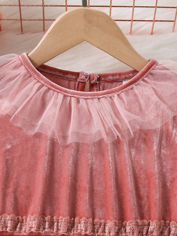 Girls Fashionable Casual Cute Sweet Fuchsia Sequin Velvet Splicing Furry Glittery Mesh Skirt Hem Princess Dress