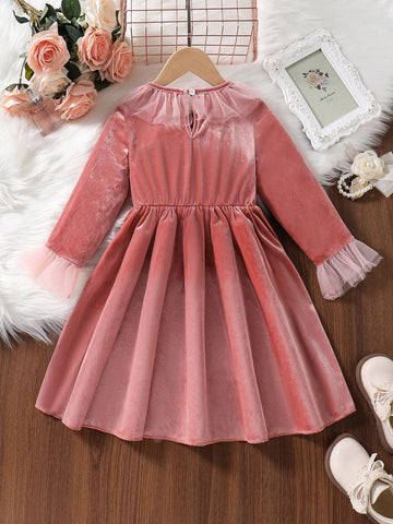 Girls Fashionable Casual Cute Sweet Fuchsia Sequin Velvet Splicing Furry Glittery Mesh Skirt Hem Princess Dress