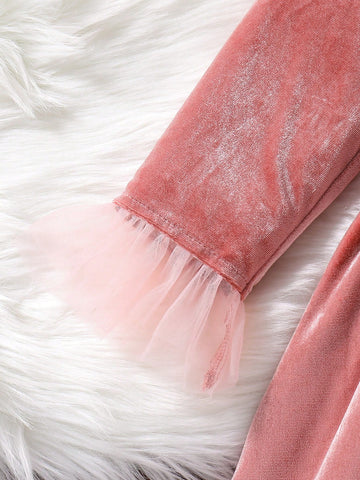 Girls Fashionable Casual Cute Sweet Fuchsia Sequin Velvet Splicing Furry Glittery Mesh Skirt Hem Princess Dress