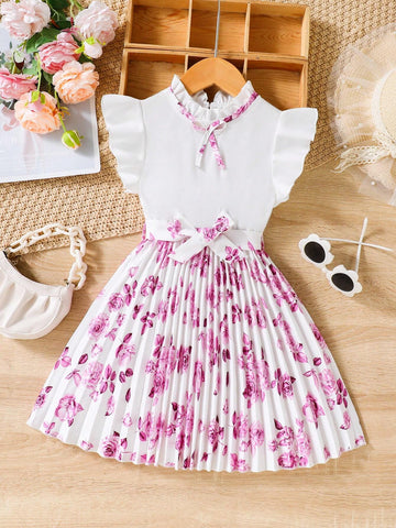 Girls Girlhood Core Rose Floral Print Cap Sleeve Pleated Hem Dress With Belt