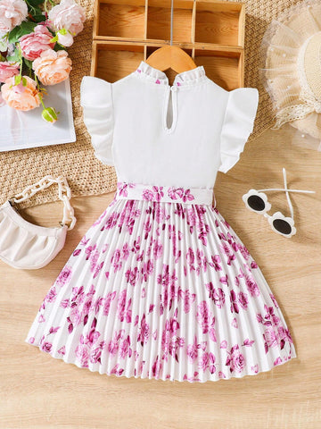 Girls Girlhood Core Rose Floral Print Cap Sleeve Pleated Hem Dress With Belt
