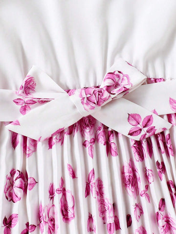 Girls Girlhood Core Rose Floral Print Cap Sleeve Pleated Hem Dress With Belt