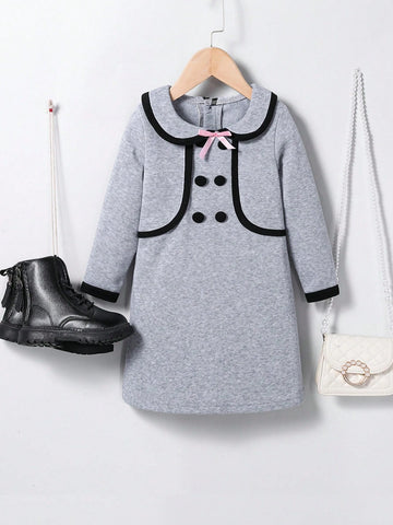 Girls' Gray Academy Style Double-Breasted Dress, Fashionable And Elegant, All-Match