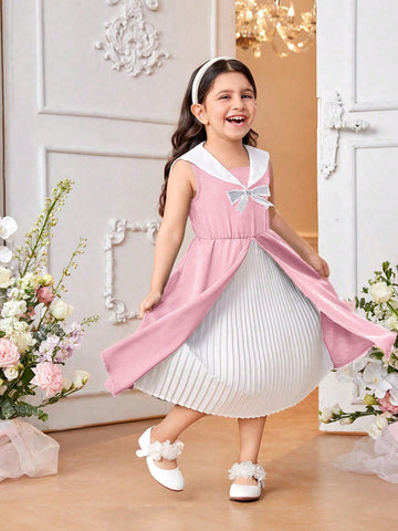 Girls Pink Sleeveless Patchwork Dress Suitable For Daily Casual Wear, Outdoor Activities In Spring And Summer