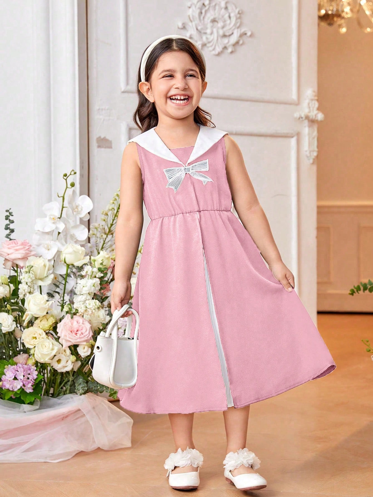 Girls Pink Sleeveless Patchwork Dress Suitable For Daily Casual Wear, Outdoor Activities In Spring And Summer