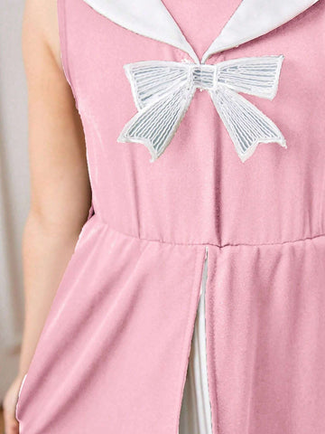 Girls Pink Sleeveless Patchwork Dress Suitable For Daily Casual Wear, Outdoor Activities In Spring And Summer