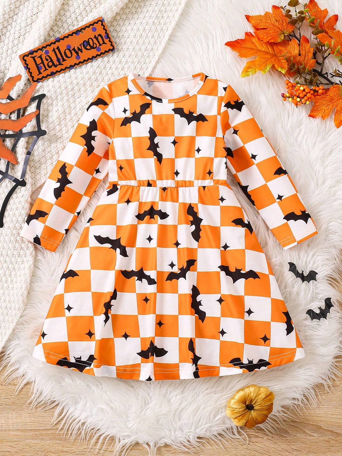 Girls Halloween Cute Pumpkin & Plaid Pattern Orange Dress, Suitable For Parties, Celebrations, Gatherings, Birthdays, And Performances