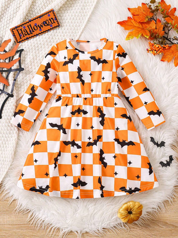 Girls Halloween Cute Pumpkin & Plaid Pattern Orange Dress, Suitable For Parties, Celebrations, Gatherings, Birthdays, And Performances