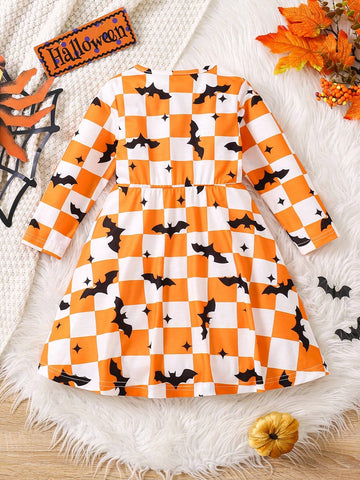 Girls Halloween Cute Pumpkin & Plaid Pattern Orange Dress, Suitable For Parties, Celebrations, Gatherings, Birthdays, And Performances