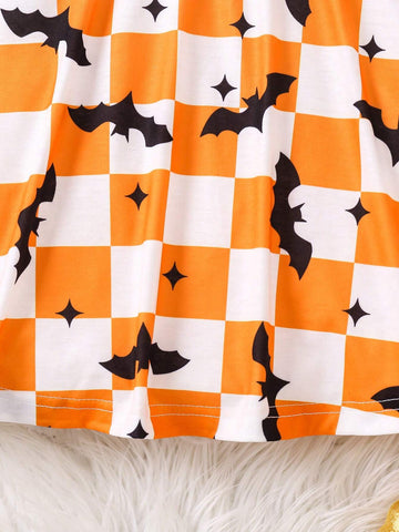 Girls Halloween Cute Pumpkin & Plaid Pattern Orange Dress, Suitable For Parties, Celebrations, Gatherings, Birthdays, And Performances