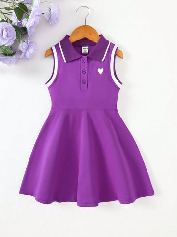 Girls' Heart & Stripe Pattern Polo Collar Sleeveless Dress, School Style, Summer