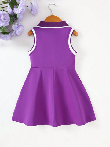 Girls' Heart & Stripe Pattern Polo Collar Sleeveless Dress, School Style, Summer